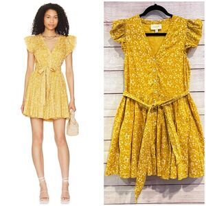 Cleobella Zia Mini Dress Organic Cotton Flutter Sleeve Size XS Tie Waist Ruffle